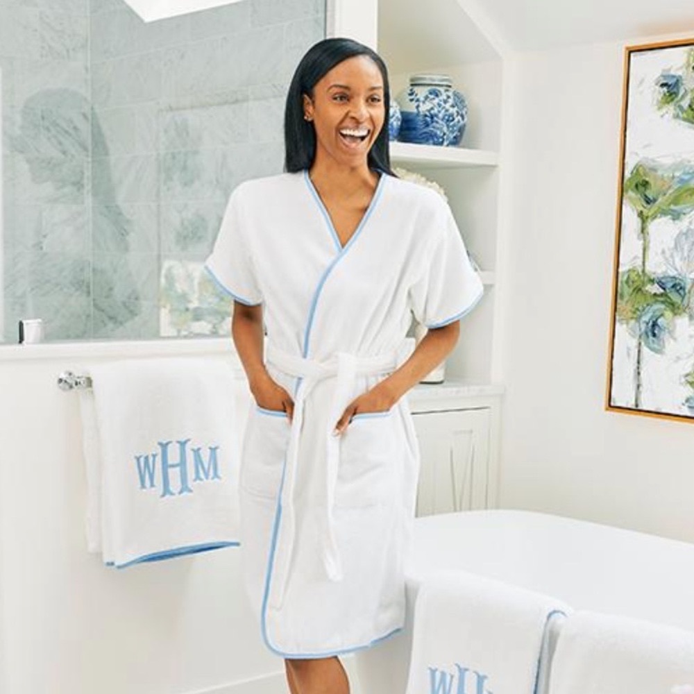Cozy White and Blue Weezie Robe monogrammed with ‘Lexi’
